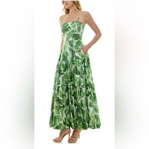 TAYLOR Maxi Tiered Green Leaf Design Dress. Flared, Flowy. Side Pockets. Size 8